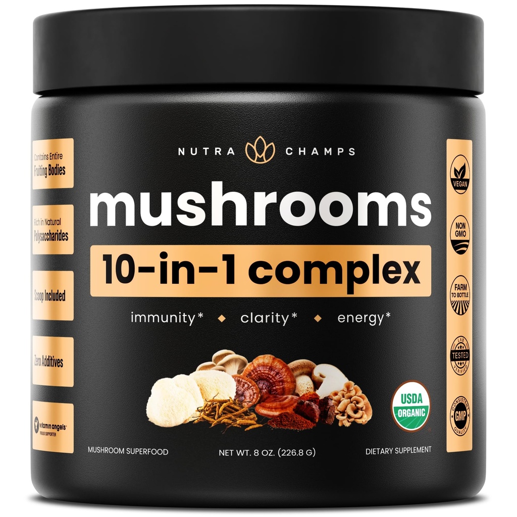 NutraChamps אורגני אבקת Mushroom - 10in-1 Complex - תערובת תוספי Mushroom עבור זיכרון, Focus & Immune תמיכה - 8oz (8.0 OZ, Mushroom)