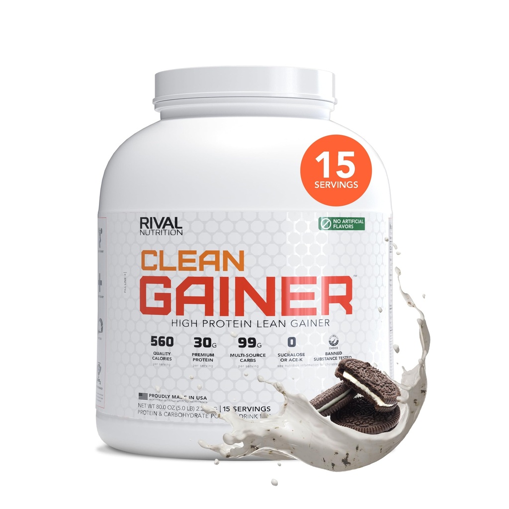 RIVAL NUTRITION Clean Gainer Cookies & Cream High-Protein Lean Gainer Powder I 5 Lb, 15 Servings I 560 Calories, 30g Protein, 99g Multi-Source Carbs Per Serving I Natural Flavors, No Artificial Colors