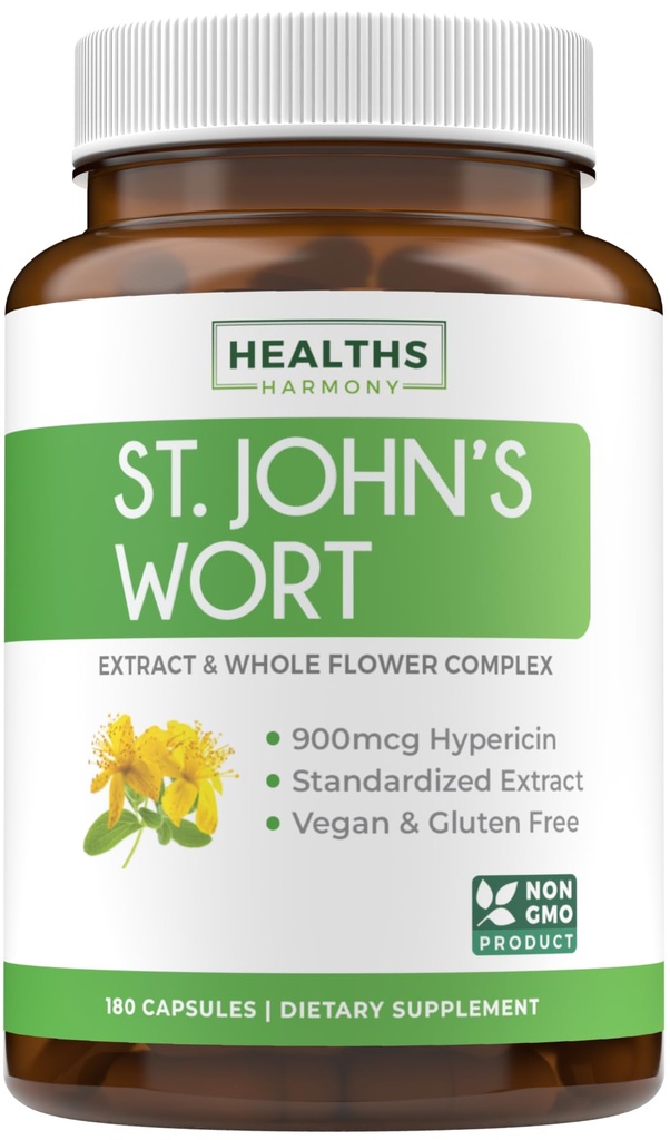 הקפסולות של סנט ג'ון - Powerful & Potent Saint John's Wort Extract & Whole Herb Complex Standardized to 900mcg Hypericin for Balancing Daily Mood Support - טבעוני Non-GMO & Lab מאומתים (180 Caps)