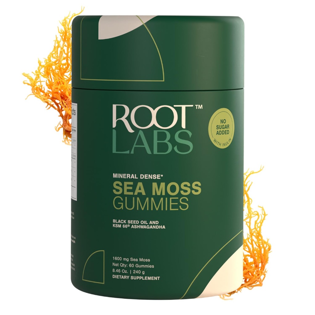 ROOT LABS Sea Moss Gummies I 92+ Minerals I Black Seed Oil I KSM 66 Ashwagandha I Lab Tested I No Added Sugar | for Men, Women I Non-GMO I 100% Natural & Organic I 1600 mg I 60 Gummy