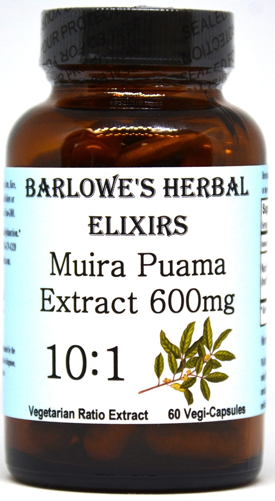 Barlowe's Herbal Elixirs Muira Puama 10:1 לחלץ | 600 מ"ג פר קפסולה | תוספת מסורתית גבריות גברית | 60 קפסולות טבעוניות | Stearate-Free, non-GMO, ארוזה בבקבוק זכוכית