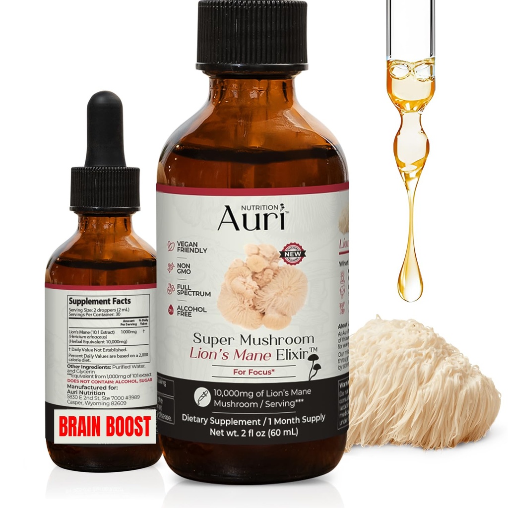 Auri Lion's Mane Liquid Elixir - תוספי המוח לזיכרון להתמקד עם Mushrooms פונקציונלי - Lions Mane תוסף - מלא Spectrum Lion's Mane Extract - No GMO, טבעוני Mushroom Tincture