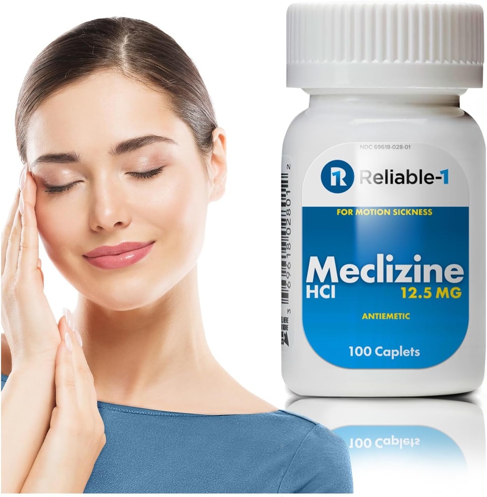 Reliable-1 Laboratories Meclizine HCL 12.5 מ"ג Caplets - Prevent Nausea, Vomiting, ו Dizziness נגרמת על ידי תנועת מחלה (100 קפסולות, 1 Bottle)