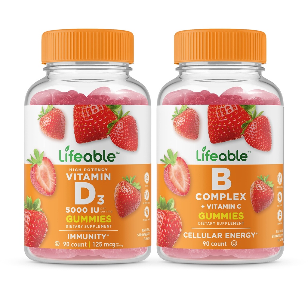 ויטמין D 5000 IU + B Complex, חניכיים Bundle - גדול Tasting, ויטמין תוסף, Gluten Free, GMO חינם, Chewable Gummymymy