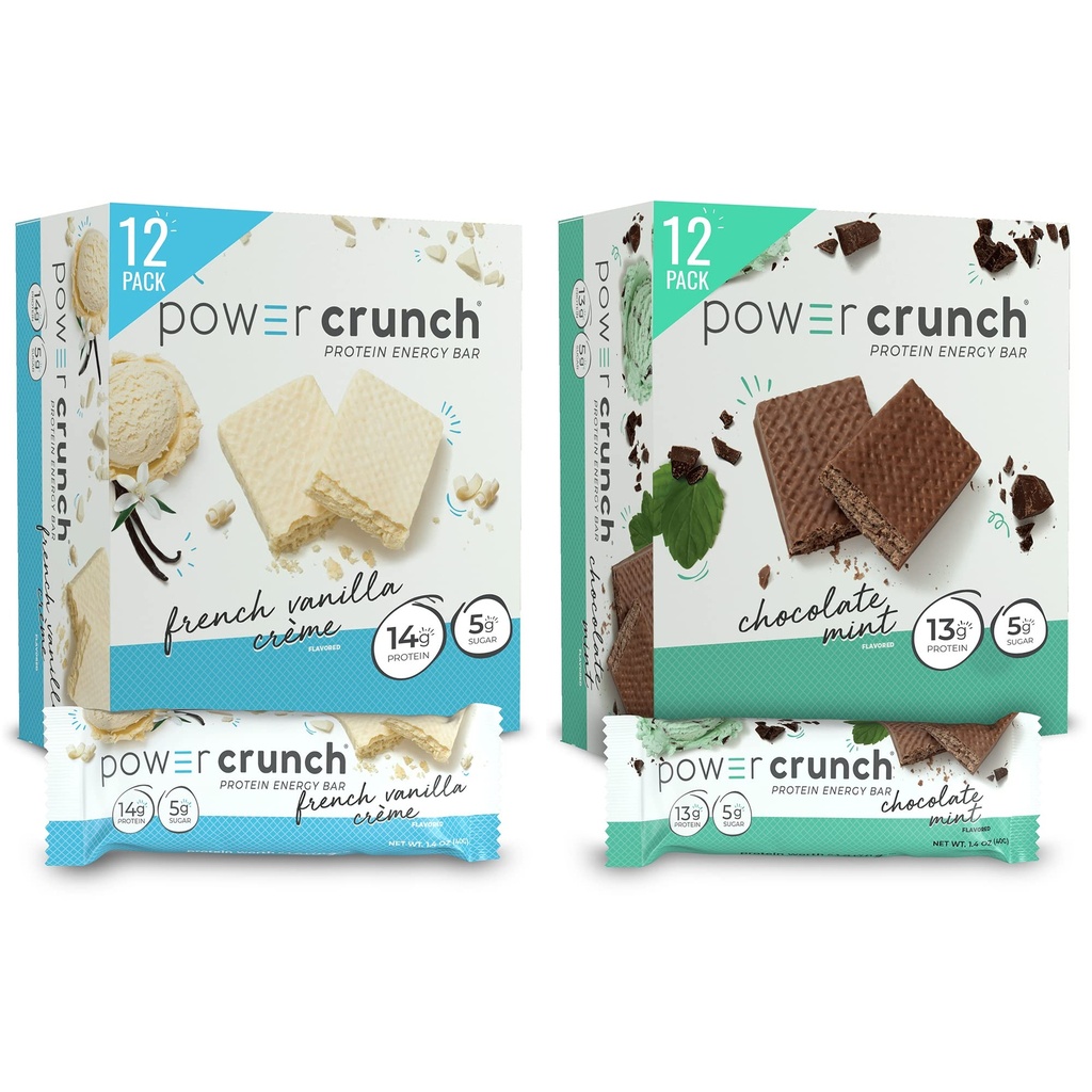 Power Crunch Whey Protein Bars, High Protein Snacks with Delicious Taste, Variety Pack, French Vanilla & Chocolate Mint, 1.4 Ounce (24 Count)