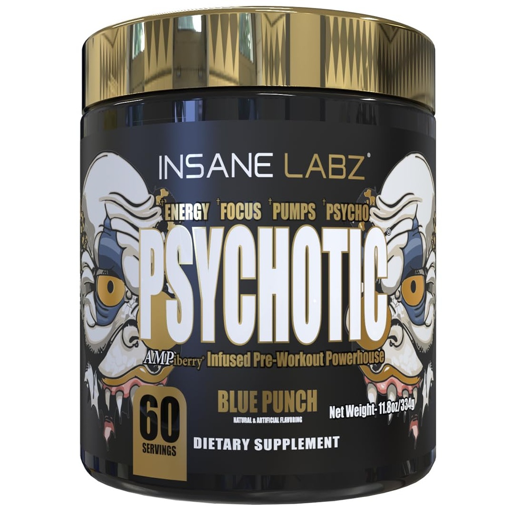 Insane Labz Psychotic Gold, High Stimulant Pre Workout אבקה, אנרגיה מתקדמת ממוקדת, משאבות וסוף עם אלן Betaine, DMAE Bitartrate, no Booster (60 משרתים, Blue Punch)
