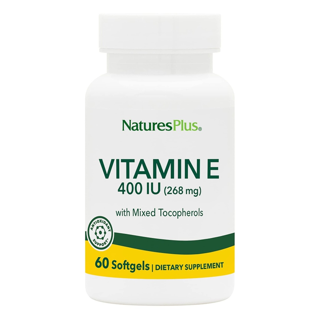 NaturesPlus ויטמין E - 400 iu מעורב D-Tocopherol, 60 Softgels - Easy to Swallow ויטמין E תוסף, Derived שמן סויה טבעי - הגנה משפטית חינם - Gluten-Free - 60 משרתים