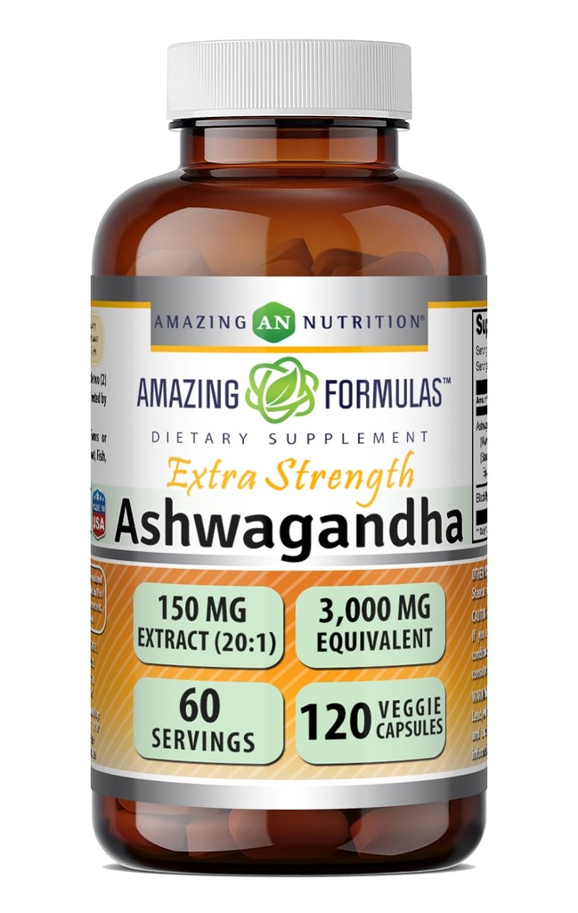 פורמולות מדהימות Ashwagandha לחלץ תוסף | 150 Mg לחלץ (20:1) | Equivalent to 3,000 Mg | Veggie כמוסות | Non-GMO | Gluten-Free | Made in USA (1 Pack | Count 120)