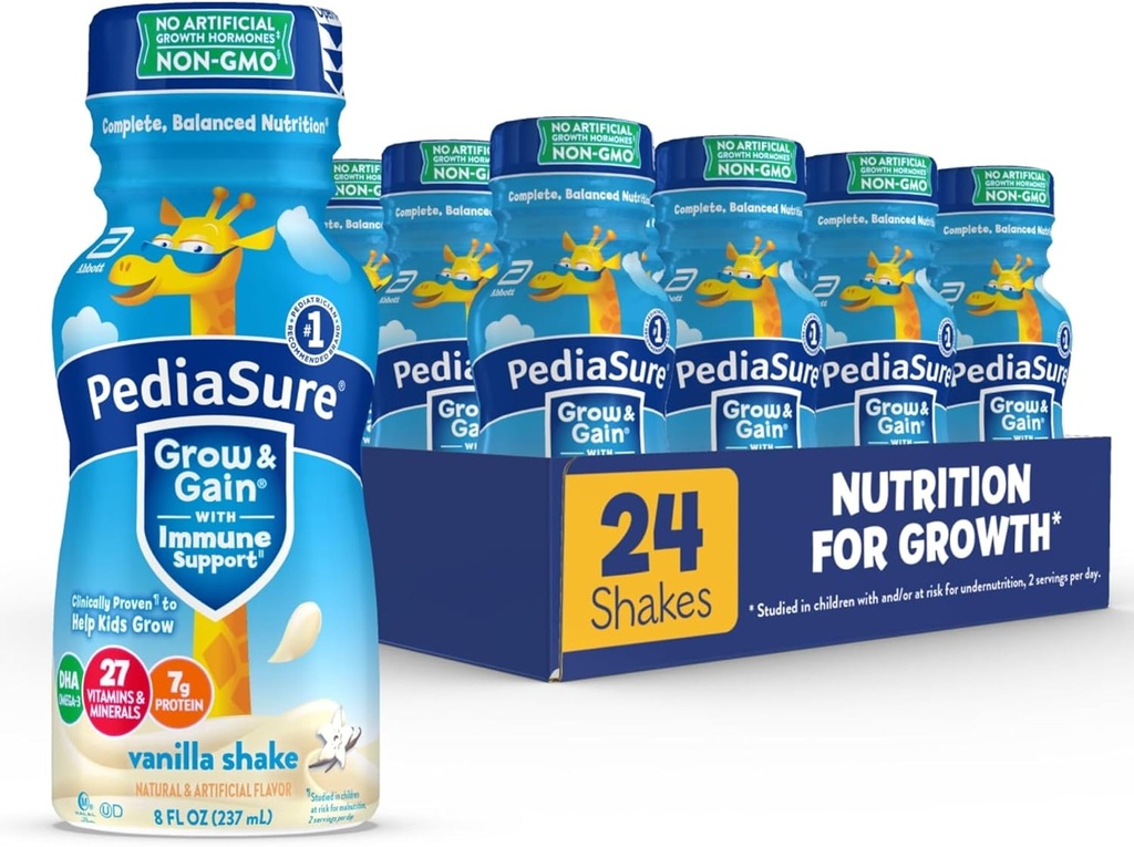 PediaSure Grow & Get with Immune Support, 27 ויטמינים ומינרלים לילדים, 7g חלבון, non-GMO, Gluten-Free, Vanilla, 8-fl-oz בקבוק, Pack של 24