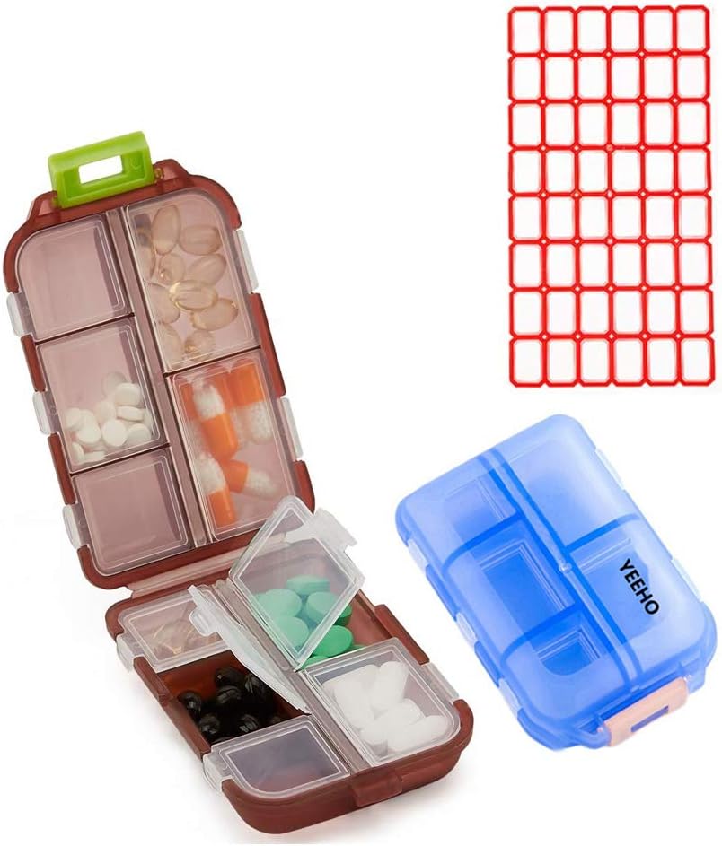 גלולת גלולה (2 Pack) - Portable Small Supplements Tablet Container Box with 10 השוואתיות - מארגנת ויטמין תרופה לאחסון Holder נסיעות Pocket Purse (כחול +Chocolate)