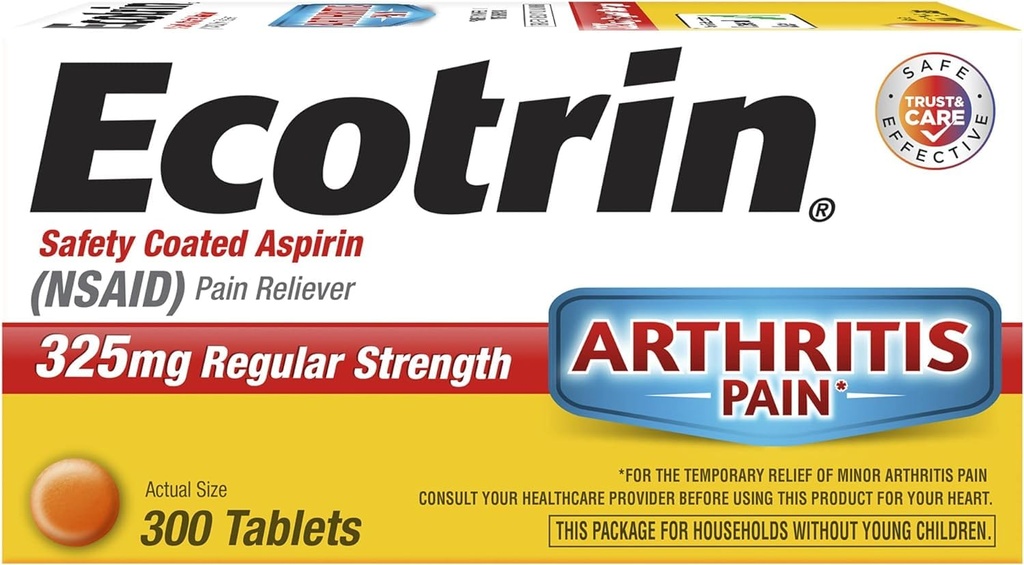 Ecotrin Regular Strength Aspirin, Arthritis Pain Relief, 325mg Regular Strength, 300 Safety Coated Tablets