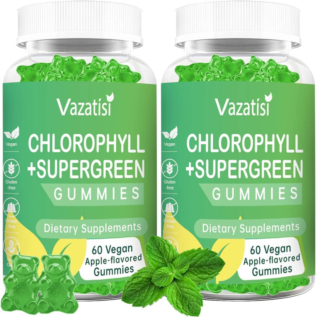 2 Pack Chlorophyll Gummies עם Supergreens אורגני, Natural Antioxidant, Energy Boost, Immune Support, Digest, Skin Care, Women & Men, Adults & Kid - 120 חניכיים אורגניות טבעוניות
