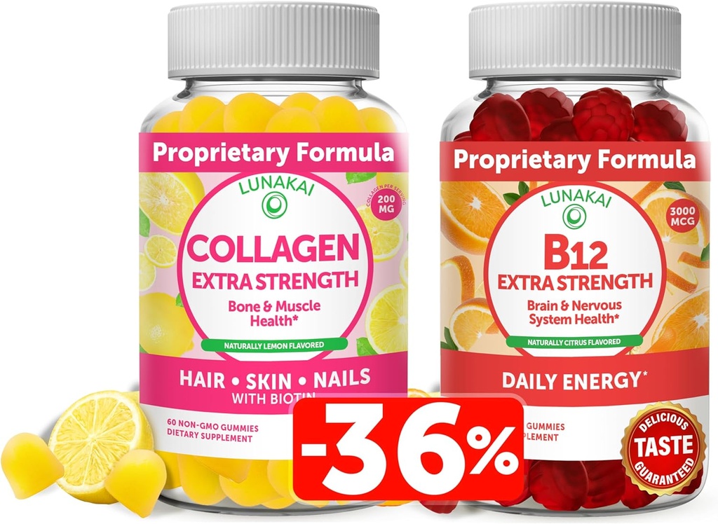 לונהkai Collagen & Biotin Gummies Bundle - ויטמינים לשיער, עור והופעת נעורים - תוספי חלבון שאינם GMO נגד הזדקנות עבור גברים ונשים - 30 ימים אספקה