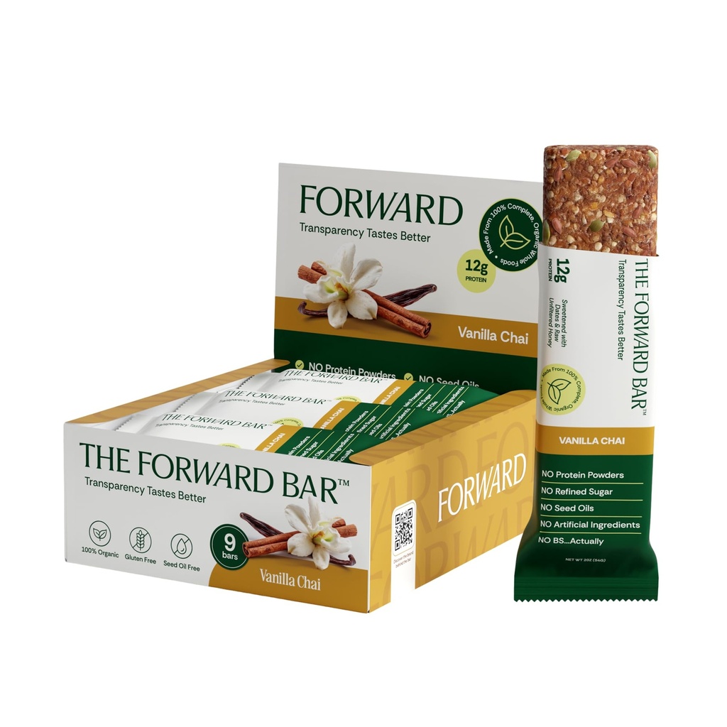 The Forward Bar – Vanilla Chai Protein Bar | Whole Food, Plant-Based, Gluten-Free, Dairy-Free, Non-GMO | 12g Complete Protein, High Fiber, Healthy Snack & Meal Replacement | Box of 9 Bars