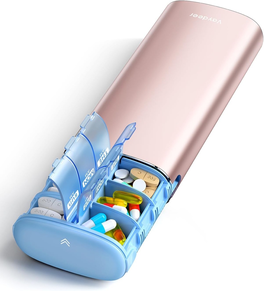 Vaydeer 7 Day שבועי גלולות מארגנת 2 פעמים ביום, Metal Am Pm Travel Pill Case, יכולת גדולה פעמיים ביום חם גלולת גלולות עבור תוספי מזון, גלולות, ויטמינים ותרופות (Rose Gold)