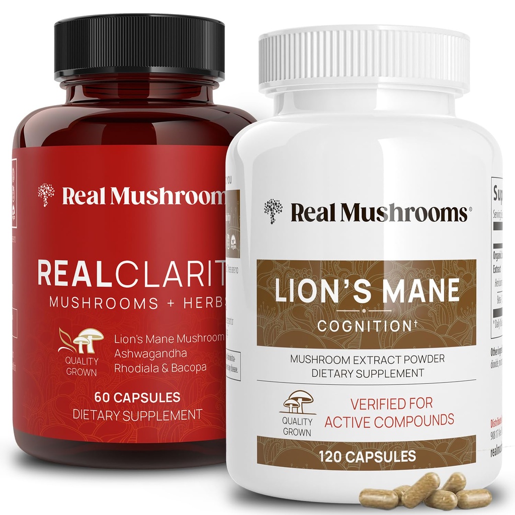 Real Mushrooms RealClarity (60ct) ו- Lions Mane (120ct) קפסולות בונדלה - תוסף Mushroom לבריאות המוח, בהירות נפשית, מיקוד, Cognition & Immune Support - ויטמינים במוח W/Ashwagandha
