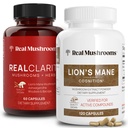Real Mushrooms RealClarity (60ct) ו- Lions Mane (120ct) קפסולות בונדלה - תוסף Mushroom לבריאות המוח, בהירות נפשית, מיקוד, Cognition & Immune Support - ויטמינים במוח W/Ashwagandha