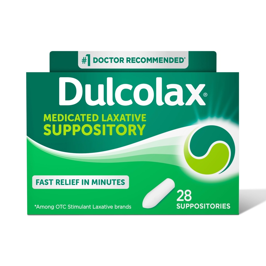 Dulcolax Stimulant Laxative Medicated Suppositories, צפוי ויעיל Constipation הקלה, Bisacodyl 10 מ"ג, 28 Count, Stimulant Laxatives