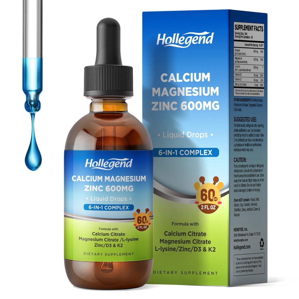 נוזל Calcium Citrate טיפות עם L-Lysine 500 מ"ג, מגנזיום & Zinc, Calcium Citrate 600 מ"ג תוסף עם ויטמין D3 & K2 לילדים ומבוגרים, 2 Fl Oz