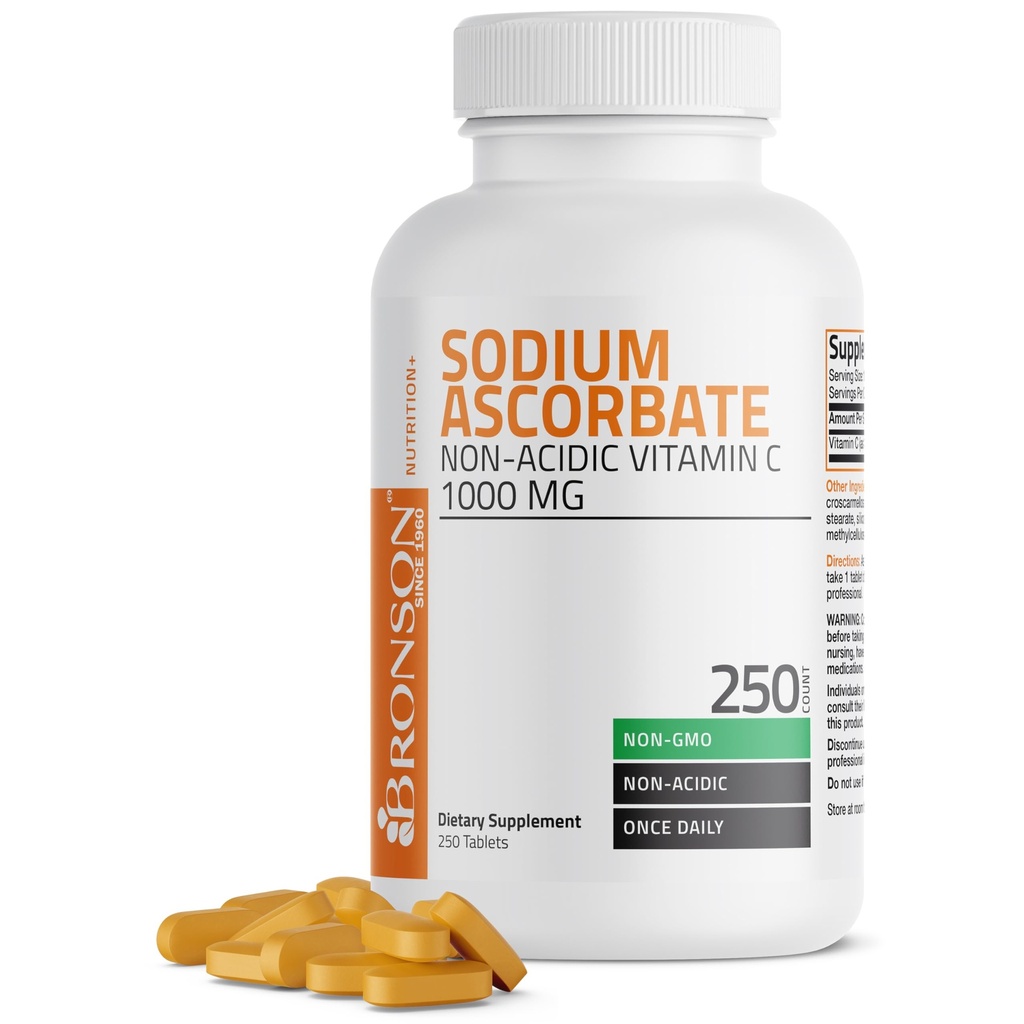 Bronson Sodium Ascorbate non Acidic ויטמין C 1000 Mg Tablet - Gentle On The Stomach - Immune System Booster - Powerful Antioxidant - Non GMO ויטמין C, Count 250