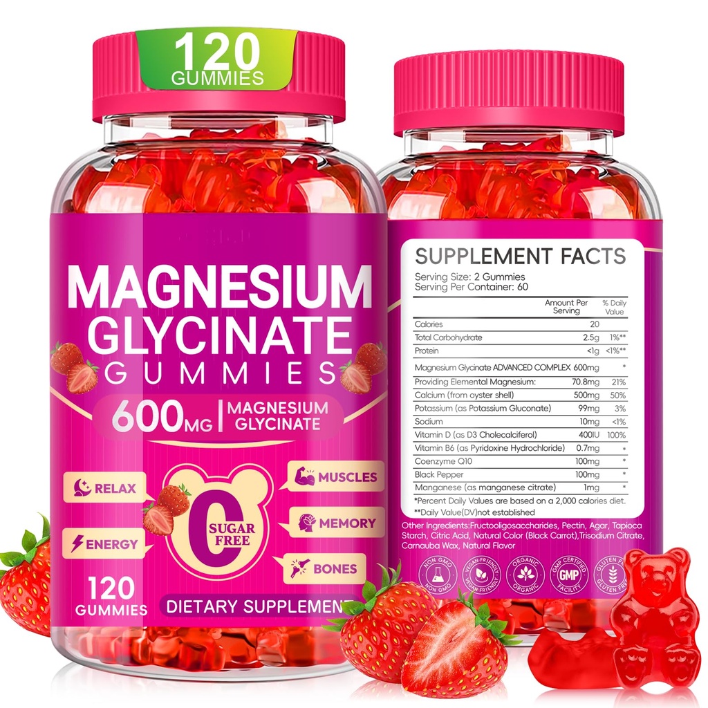 Magnesium Glycinate Gummies 600mg, Chewable Sugar Free Potassium Magnesium חניכיים עם Magnesium Glycinate, ויטמין D, B6 ו- CoQ10 לשינה, להרגעה, למוח ולשרירים, 60 ימים אספקת אספקה.