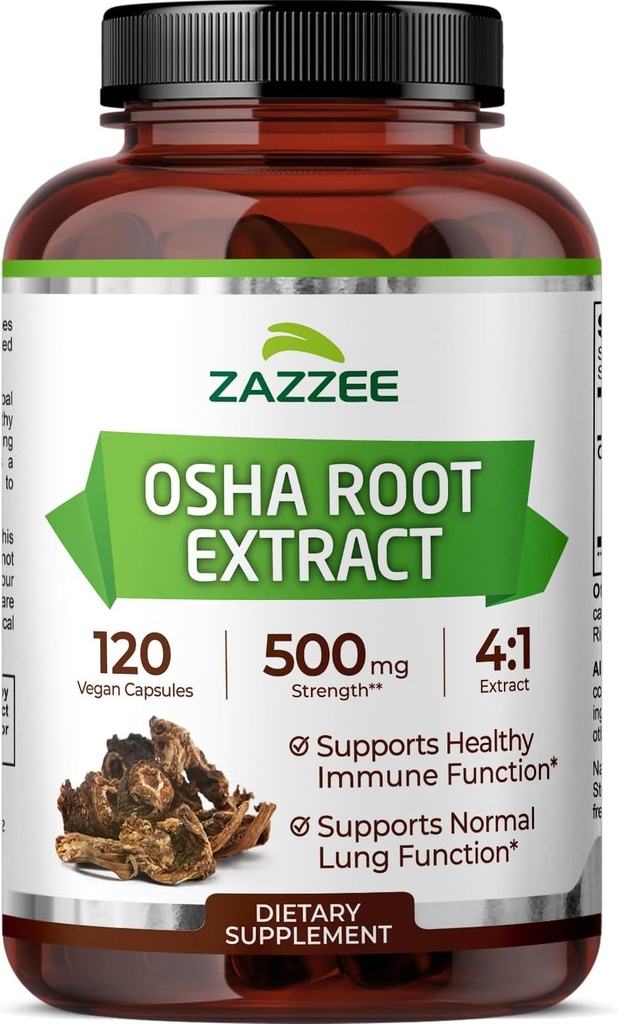 Zazzee OSHA Root 4:1 לחלץ, 500 מ"ג כוח, 120 קפסולות טבעוניות, 4 חודשים אספקה, ריכוז ותקן 4X לחלץ, 100% Vegetarian, Ligusticum Porteri, All-Natural ולא GMO
