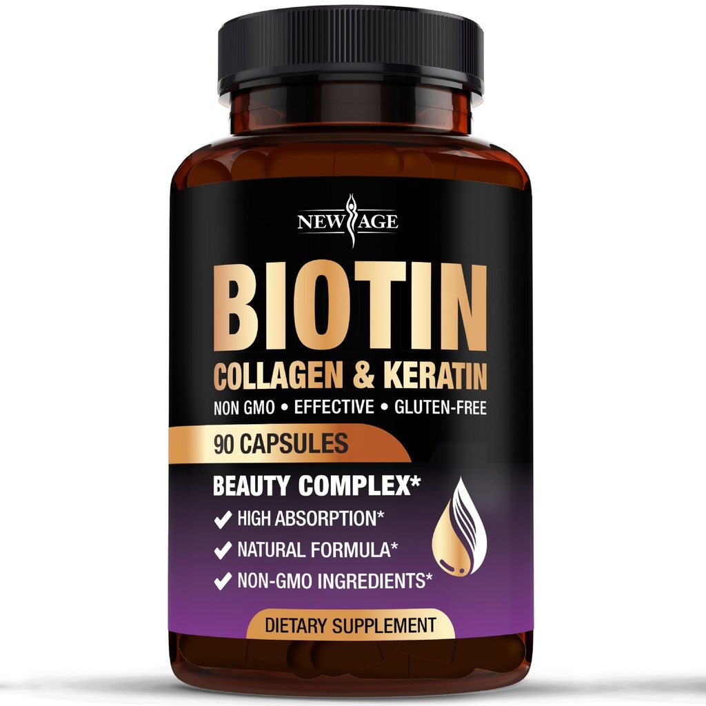 AGE Biotin Collagen Keratin Hyaluronic Acid - 50,000mcg שיער ויטמין גדילה עבור גברים ונשים, ריחות, שיער, ויטמין עור ו- DHT בלוקר עם ויטמין E Folic Acid Pumpkin Seed MSM - 90 הרוזן ספירה