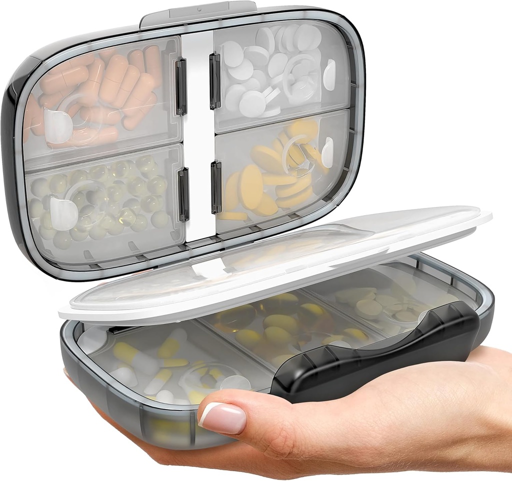 חברת Travel Pill Organer - Airtight Medicine Case for Travel Portable Pharmacy Box with Labels Container 8 Compartment תוספת תרופות Holder Large Capacity Daily (Black-2)