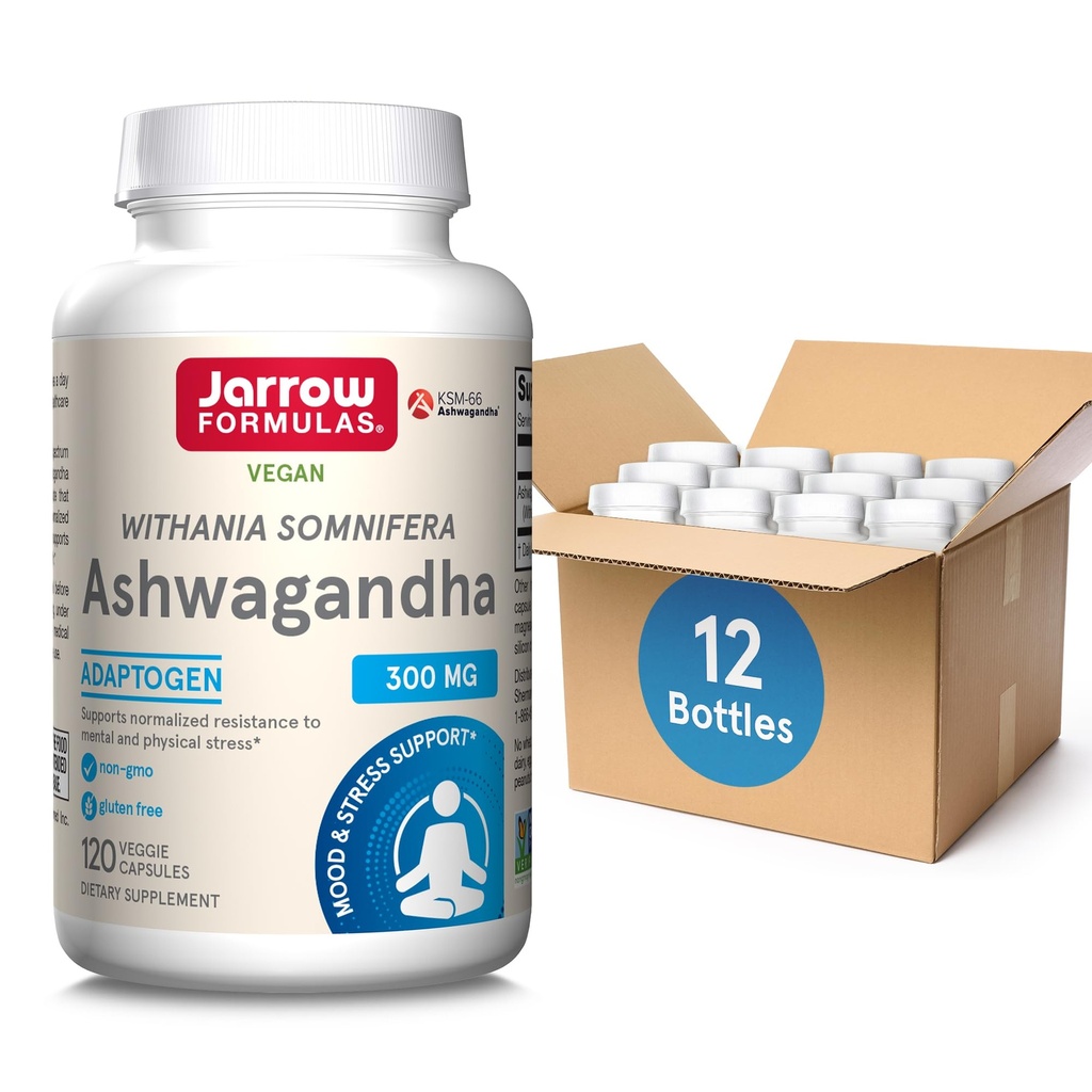 Jarrow Formulas Ashwagandha 300 מ"ג - 120 קפסולות Veggie - Total Health & Resistance to Fatigue - תוספת תמיכה Endurance, Recovery & Cognitive Health - 60 משרתות (Pack of 12)