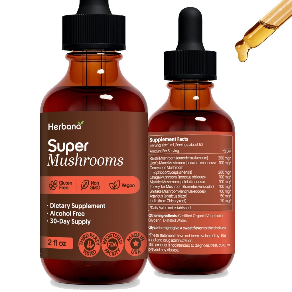 Super Mushrooms 8-in1 - 2 fl oz נוזל לחלץ - Brain Booster & Immune Support Drops - Reishi, Lion's Mane, Cordyceps, Chaga, Mitake, טורקיה Tails, Shiitake, Agaricus - High Potency - 45-Day Supply