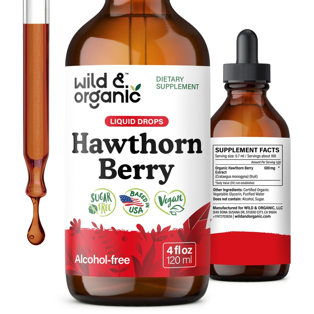 Wild & אורגני הותורן ברי Tincture 600 מ"ג - נוזל הותורן ברי תוספת לתמיכה כוללת - טבעוני, סוכר ואלכוהול חינם פירות לחלץ טיפות - 4 fl oz
