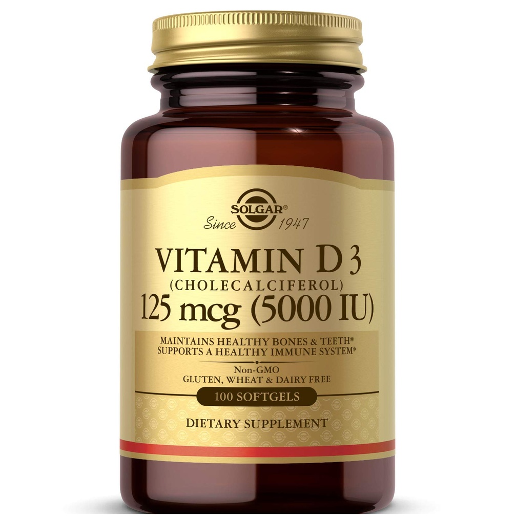 Solgar ויטמין D3 (Cholecalciferol) 125 MCG (5000 IU), 100 Softgels - מסייע לשמור על עצמות בריאות ושיניים - תמיכה במערכת החיסון - Non GMO, Gluten-Free, חלב חינם - 100 משרתים