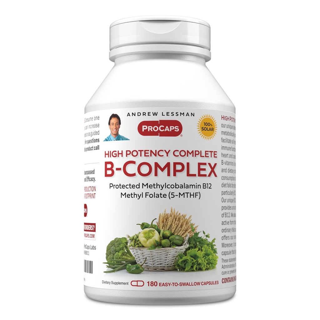 ANDREW LESSMAN High Potency B-Complex 180 קפסולות - עם רמות גבוהות של תרכובת Folate ו ביוטין, מקדם צמיחה תאית, אנרגיה, Immune function, Detoxification, מטבוליזם שומן ועוד יותר