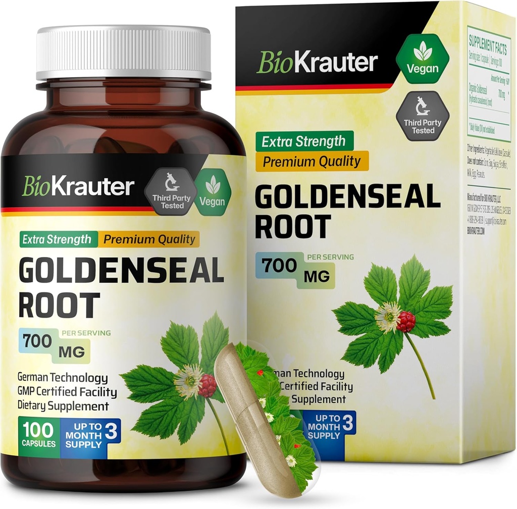 BIO KRAUTER Goldenseal Root קפסולת 700 מ"ג - 100 אבקת חותם זהב Caps - תמיכה הנשימה & העיכול - טבעוני, No Fillers