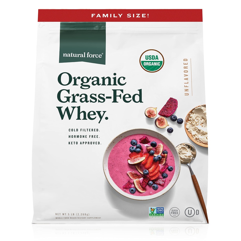 כוח טבעי Grass פד אורגני Whey חלבון אבקת - לא מאומתים על ידי GMO, Humane Certified & Lab נבדק עבור Toxins - Pure & Unflavored - Keto Friendly, Low Carb ו כשר - 5 פאונד A2 חלבון