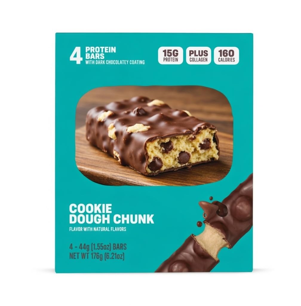 NEW Protein Bar Cookie Dough Chunk Protein Bar – 15g Protein, Chocolate Coated Collagen Protein Snack, Soft Cookie Dough Center, 160 Calories, High Protein Energy Bar, 4 Count