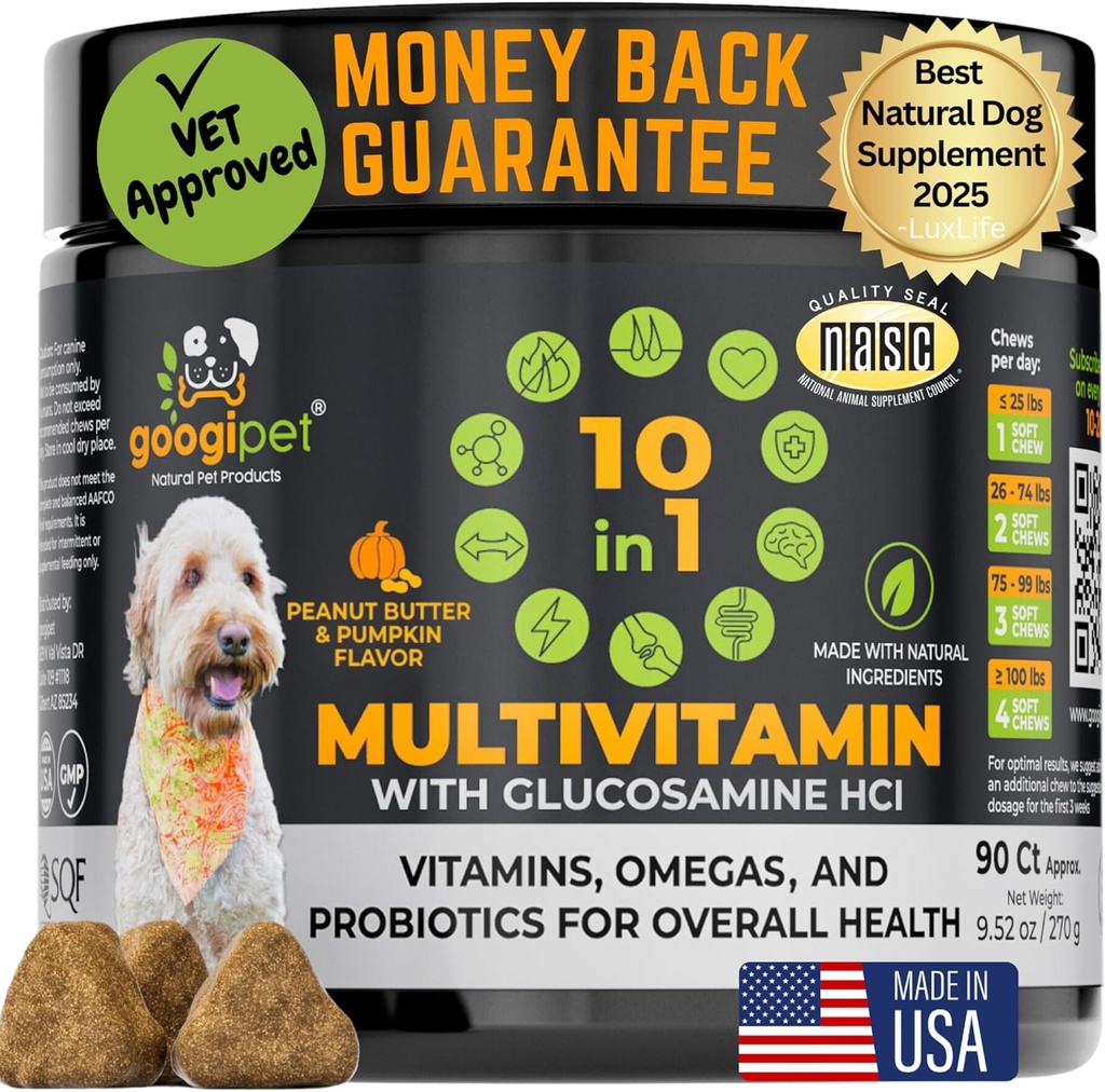 Googipet Premium 10 ב 1 כלב ויטמין Multivitamin Chewable עם Probiotics לבריאות Gut, ויטמינים לכלבים ותוספים w /Vitamin C & Glucosamine עבור תמיכה משותפת (Peanut Butter & Pumpkin Flavor)