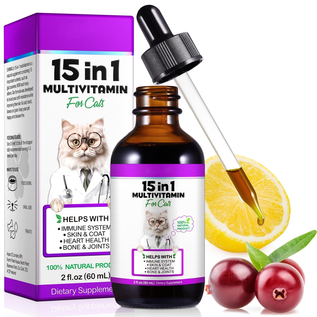 Cat Multivitamin, 15 in 1 Cat Vitamins Liquid Drops, Supports Immune Health, Promotes Joint, Skin and Coat Health, Cats Vitamin and Supplements with Glucosamine & Cranberry 2 fl oz