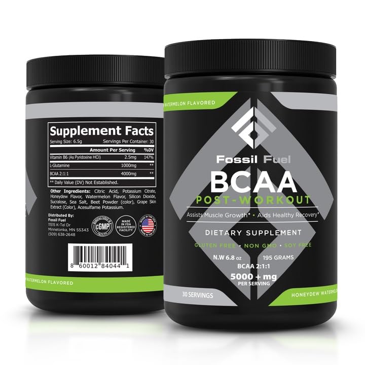 Fossil דלק BCAA Sugar-Free Post-Workout אבקת עם BCAA, Glutamine, ויטמין B6 לאחר עבודהout, Amino Acids עבור התאוששות שרירים, אנדרציה, Honeydew Watermelon (30 משרתים)