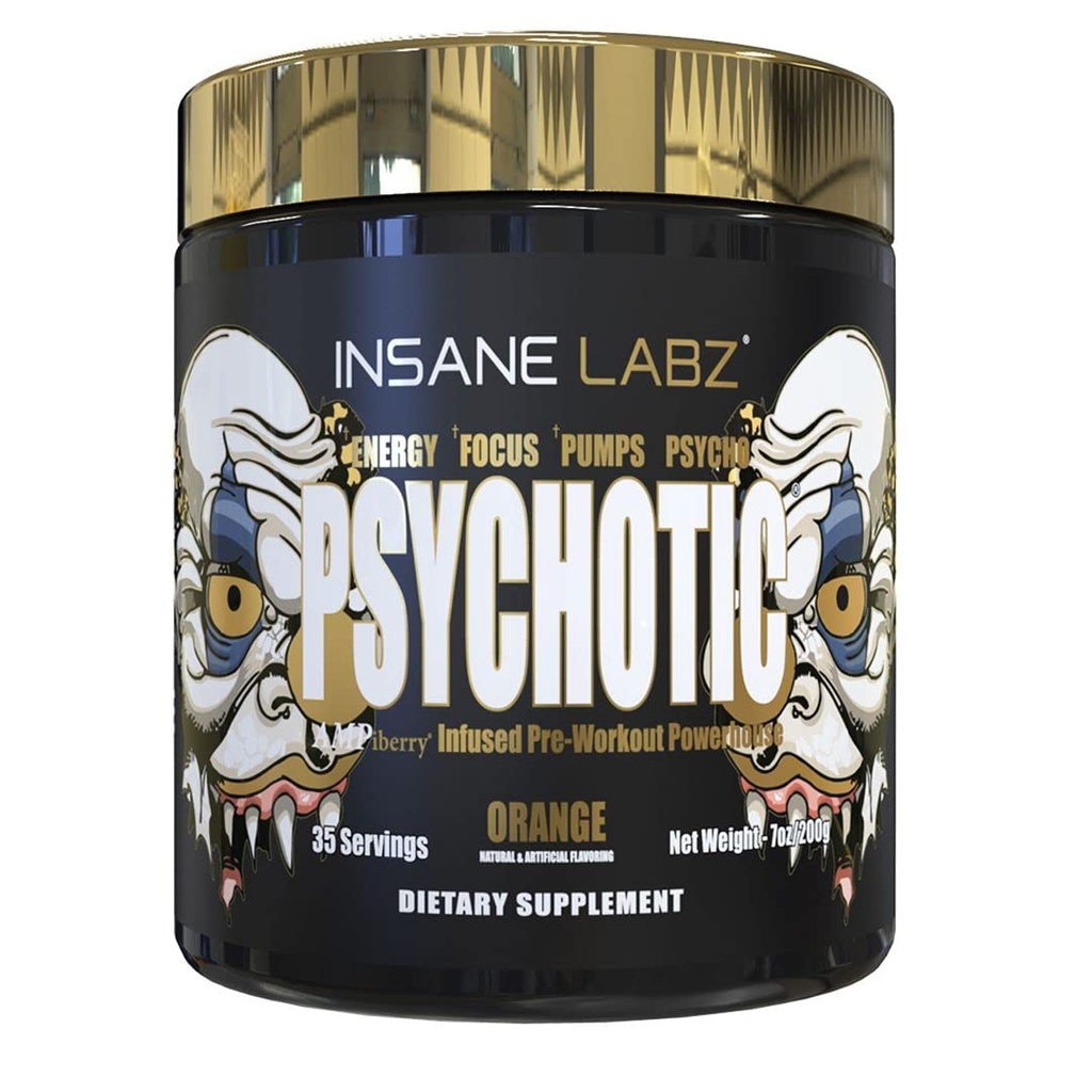 Insane Labz Psychotic Gold, High Stimulant Pre Workout אבקה, אנרגיה מתקדמת ממוקדת, משאבות וסוף עם אלן Betaine, DMAE Bitartrate, no Booster (35 משרתים, כתום)