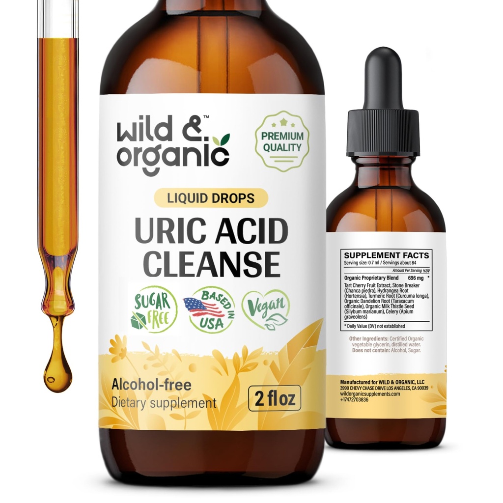 Wild & אורגני Uric Acid נקה טיפות - Tart Cherry, Turmeric, Chanca Piedra Stone Breaker Complex for Kidney ניקויse - Uric Acid Support Supplement - טבעוני, סוכר ואלכוהול חינם טינקטורה - 2 ozoz ozz