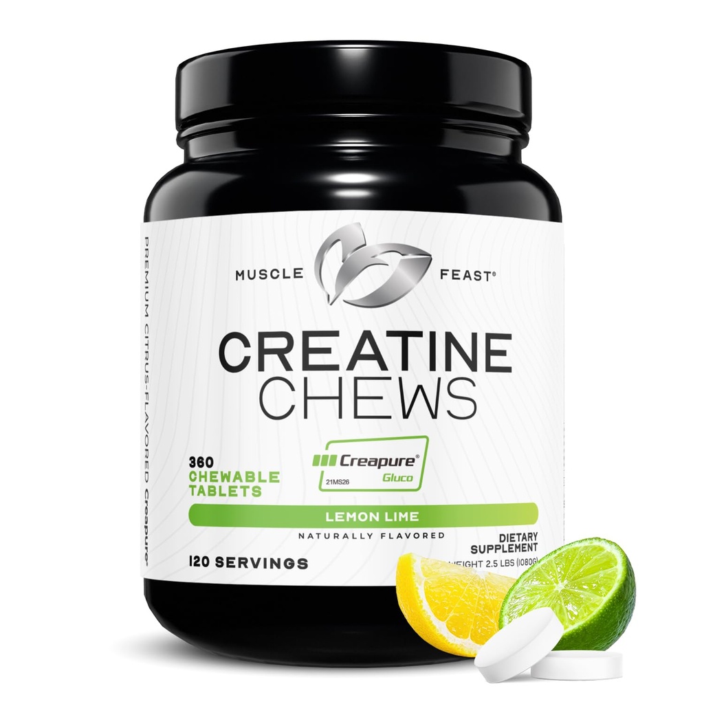 שריר Feast Creatine Monohydrate Chewables - טבעוני & Gluten-Free Creapure Creatine צ'יפס לגברים ונשים - טבליות טעים Citrus-Flavored Creatine בניין שרירים - לימון Lime, 360 Tabs