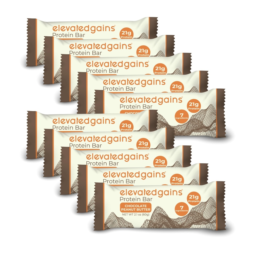 Elevated Gains Chocolate Peanut Butter Protein Bars, 10 Pack - 20g of Protein & 7 Natural Ingredients, Sweetened with Honey, No Artificial Sweeteners, Healthy Snack for On the Go