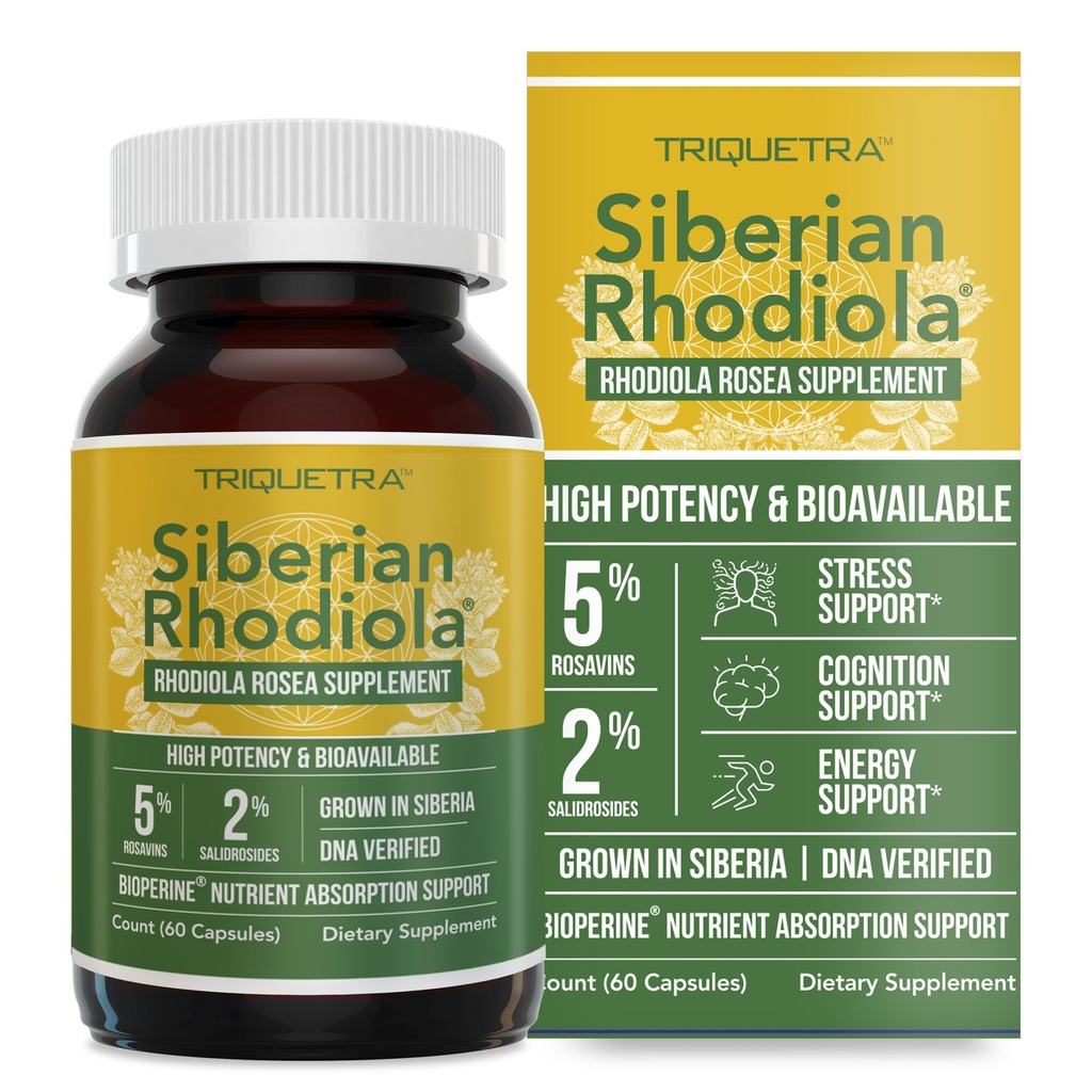 מקס כוח סיביר Rhodiola®: Rhodiola Rosea 5% Rosavins, 2% Salidroside & BioPerine® for Enhanced Absorption - Helps Support Stress, Energy & Focus* - גדל בסיביר, DNA מאומת (60 קפסולות)