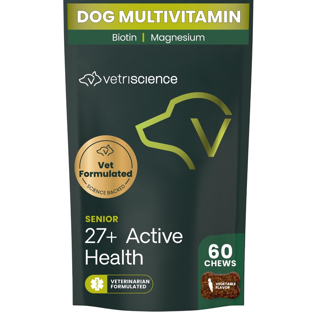 VetriScience בכיר 27+ Active Health Chews, Canine Plus Daily Multivitamin עבור כלבים מבוגרים, ויטמינים מאוזנים, מינרלים ואנטיoxidants, הזדקנות בריאה ותמיכה בריאות, Veggie, הרוזן 60