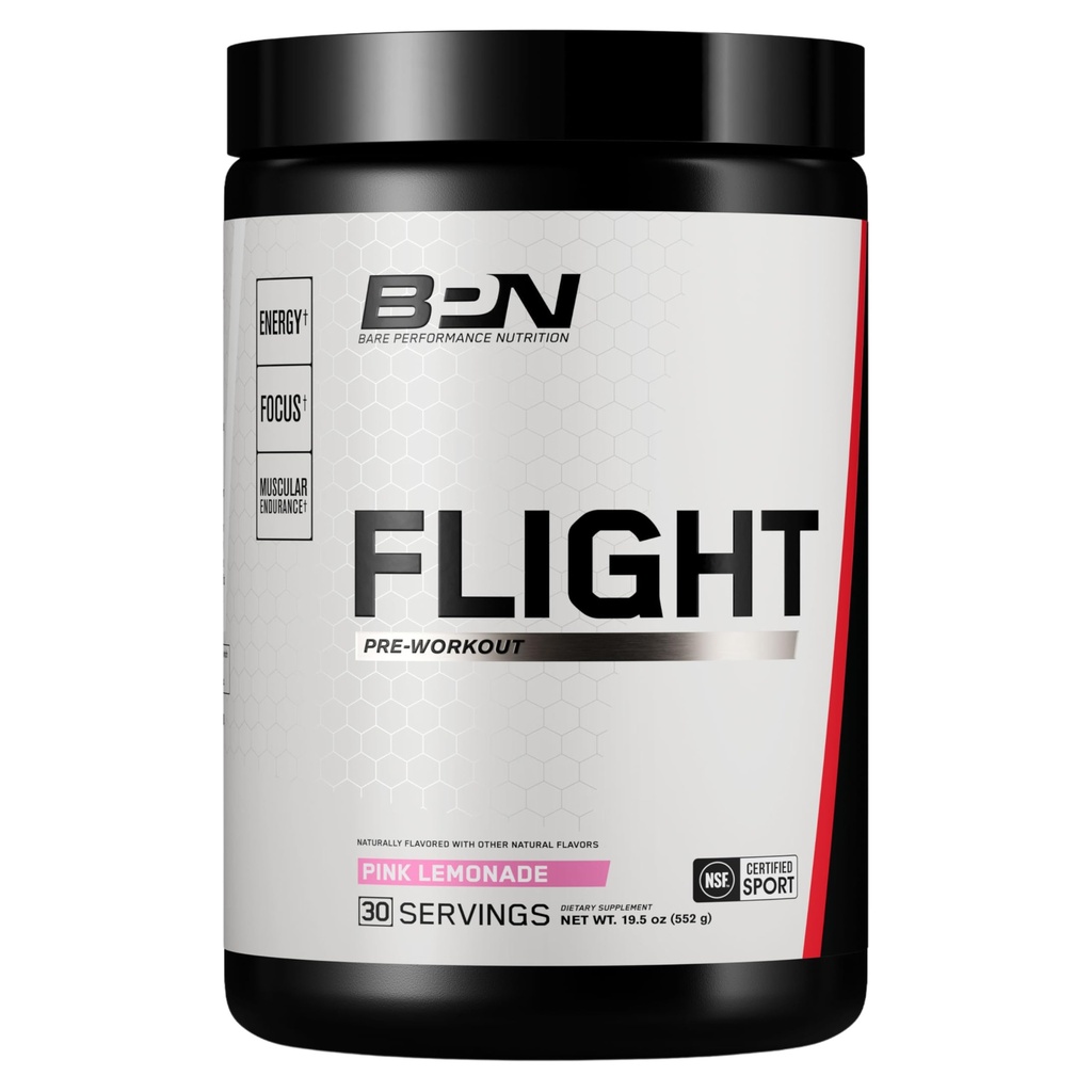 BARE PERFORMANCE NUTRITION BPN Flight Pre Workout, תומך אנרגיה והתמקדות נפשית, שיפור אנדורנס ושומן שרירים עם CarnoSyn® Betaine, Pink Lemonade, 30 משרתות