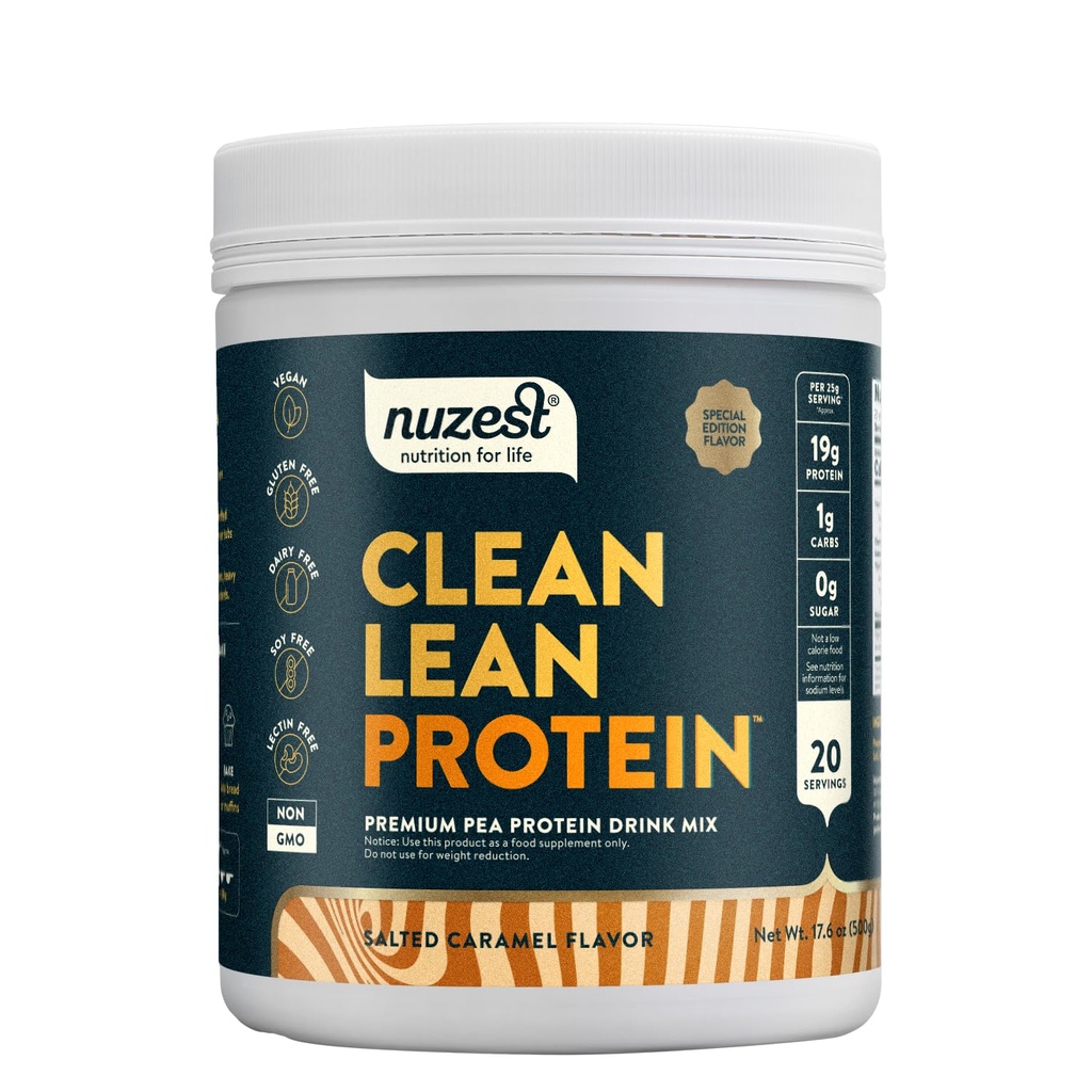 Nuzest - Pea Protein Powder - Clean Lean Protein, Premium Vegan Plant Based Protein Powder, Dairy Free, Gluten Free, GMO Free, Protein Shake, Salted Caramel, 20 Servings, 1.1 lb