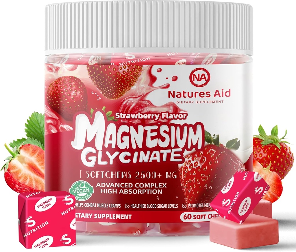 מגנזיום Glycinate Soft Chews, Strawberry Flavor. Chewable Sugar Free Potassium Magnesium Chews with Magnesium Glycinate, ויטמין D, B6 ו- CoQ10 עבור תמיכה ושינה עבור מבוגרים, 60 ימים אספקת