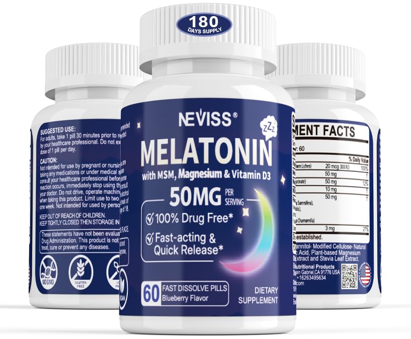 Melatonin 50 מ"ג למבוגרים - תוספת כוח 9-in-1 מהיר Dissolve Sublingual - w /Vitamin D3 & MSM, מרגיעה את הנבל בלנדה, לימון Balm, Passionflower,Chamomile, Sugar חינם, 180 לשרתים טבעוניים