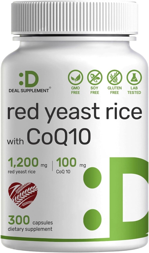 תוספת של Red Yeast Rice 1,200 מ"ג פרי לשרת עם CoQ10, 300 קפסולות - תמיכה אנטי-חמצן - Pure Monascus Purpureus אבק מקור - Citrinin חינם, non-GMO